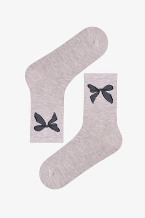 Gri Ribbon Heart Fiyonk Desenli Pamuklu 3 Çift Soket Çorap