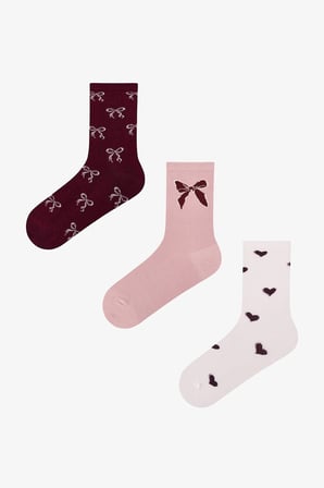Bordo Ribbon Heart Fiyonk Desenli Pamuklu 3 Çift Soket Çorap
