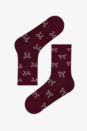 Bordo Ribbon Heart Fiyonk Desenli Pamuklu 3 Çift Soket Çorap