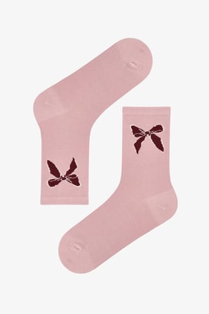 Bordo Ribbon Heart Fiyonk Desenli Pamuklu 3 Çift Soket Çorap