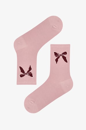 Bordo Ribbon Heart Fiyonk Desenli Pamuklu 3 Çift Soket Çorap