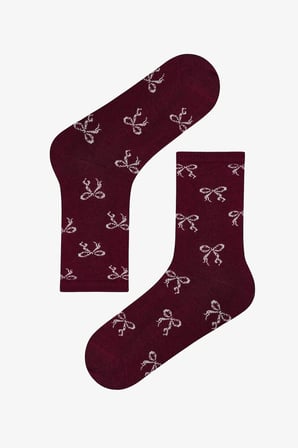 Bordo Ribbon Heart Fiyonk Desenli Pamuklu 3 Çift Soket Çorap