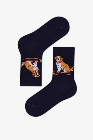 Erkek Çocuk Lacivert Skiing Dogs Köpek Desenli 4 Çift Soket Çorap