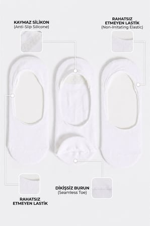 Kadın 3'lü Paket Basic Dikişsiz Silkonlu Görünmez Babet Çorap BEYAZ