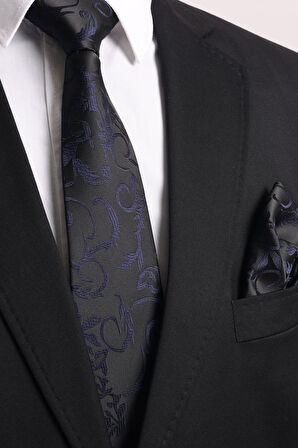 Esgue Hand Made 7.5 cm Lacivert - Siyah Desenli Kravat Mendil