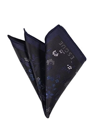 Esgue 7.5 cm Siyah Lacivert Desenli Kravat Mendil Broş Hediye Seti