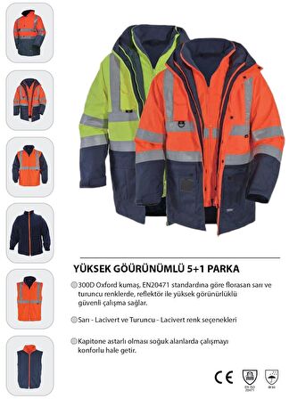 KKDAVM BESTGUARD İŞÇİ PARKASI YÜKSEK GÖRÜNÜMLÜ 5+1 PARKA - ÇOK KULLANIŞLI CEKET MONT PARKA