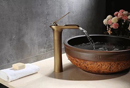 Antik Rustik Gold Çanak Şelale Lavabo Bataryası Nostaljik Özel Seri