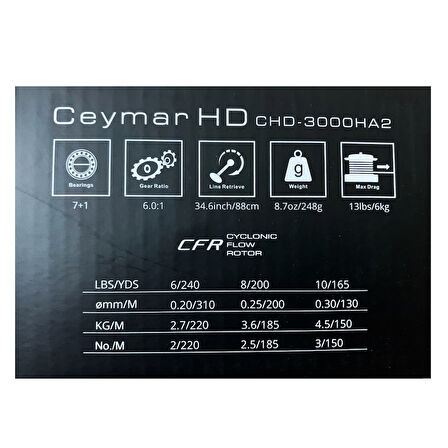Okuma Ceymar HD CHD-3000HA2 Matt Black 7+1BB Spin Olta Makinesi