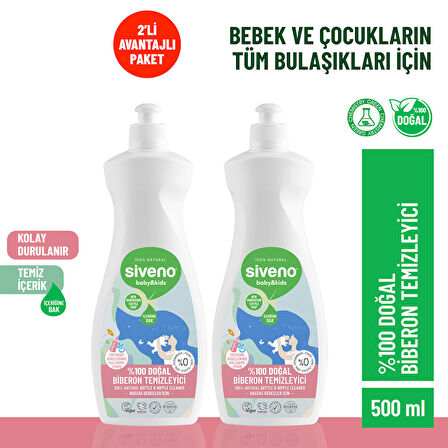 Siveno %100 Doğal Emzik Ve Biberon Temizleyicisi Bitkisel Elde Bulaşık Sabunu Nemlendirici Vegan 500 ml X 2 Adet