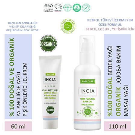 INCIA %100 Doğal Pişik Önleyici Jel Krem 60 ml & %100 Doğal Bebek Yağı Organik Masaj Yağı 110 ml Set