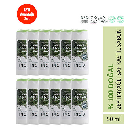 INCIA %100 Doğal Sıvı Kastil Sabunu Besleyici Zeytinyağlı Saf Kastil Sabun Seyahat Boyu 50 ml X12 Adet