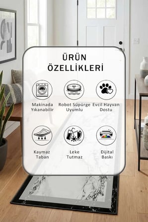 Efekt Gri Siyah Dijital Baskılı Kaymaz Yıkanabilir Yolluk - Leke Tutmaz