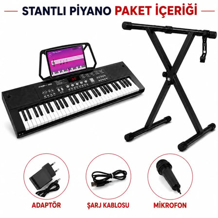 MultiZone 61 Tuşlu Standlı Elektronik Dijital Işıklı Çocuk Piyanosu Mikrofonlu Başlangıç İçin Demolu Keyboard Org