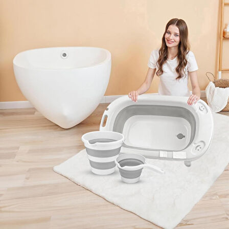 Omnipazar AK-779 Katlanır Bebek Yıkama Banyo Küvet 3'lü Set Beyaz-Gri