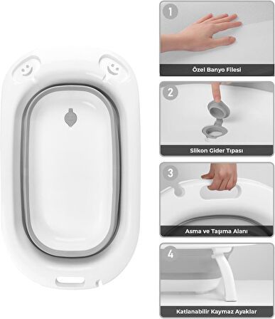 Omnipazar AK-779 Katlanır Bebek Yıkama Banyo Küvet 3'lü Set Beyaz-Gri