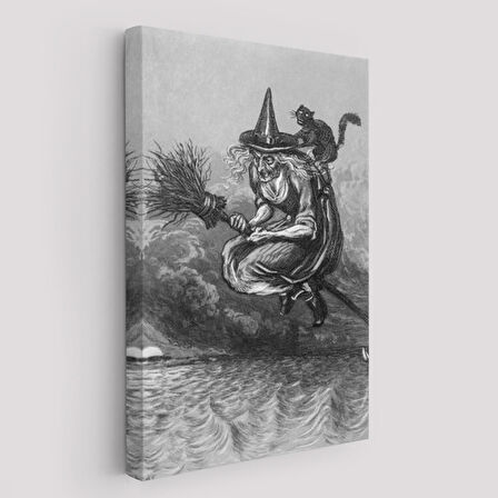 Süpürge ile Uçan Yaşlı Cadı ve Kedisi, Cadılar Bayramı Hediyesi, Hellowen Tablo -6304