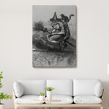 Süpürge ile Uçan Yaşlı Cadı ve Kedisi, Cadılar Bayramı Hediyesi, Hellowen Tablo -6304