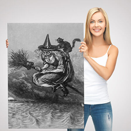 Süpürge ile Uçan Yaşlı Cadı ve Kedisi, Cadılar Bayramı Hediyesi, Hellowen Tablo -6304