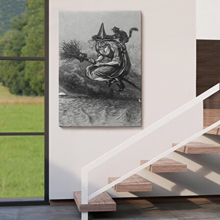 Süpürge ile Uçan Yaşlı Cadı ve Kedisi, Cadılar Bayramı Hediyesi, Hellowen Tablo -6304