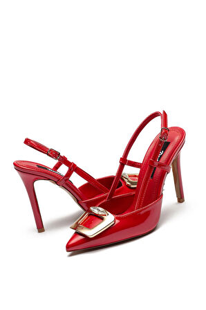 Kadın Yüksek Topuklu Şık Tokalı Rugan Abiye Ayakkabı KIRMIZI  6305