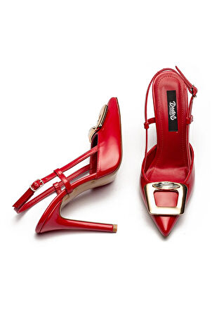 Kadın Yüksek Topuklu Şık Tokalı Rugan Abiye Ayakkabı KIRMIZI  6305
