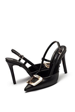 Kadın Yüksek Topuklu Şık Tokalı Rugan Abiye Ayakkabı SİYAH  6305