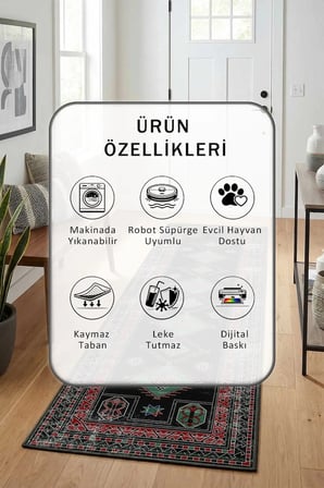 Cuuter 1125 Dijital Baskılı Kaymaz Yıkanabilir Yolluk - Leke Tutmaz Siyah