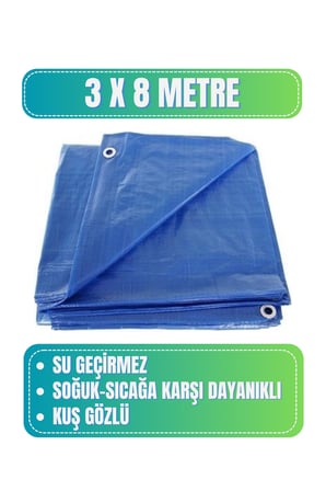 Evkar 3x8 metre Su Geçirmez Pullu Çadır Branda Tente Yağmurluk Gölgelik 3x8m - Mavi