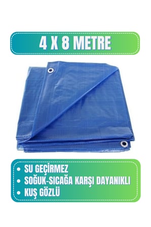 Evkar 4x8 metre Su Geçirmez Pullu Çadır Branda Tente Yağmurluk Gölgelik 4x8m - Mavi