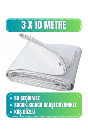 Evkar 3x10 metre Su Geçirmez Pullu Çadır Branda Tente Yağmurluk Gölgelik 3x10m - Beyaz