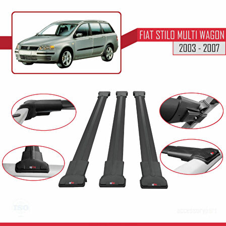 Fiat Stilo Multi Wagon 2003-2007 Arası ile Uyumlu FLY Model Ara Atkı Tavan Barı Siyah 3 Adet