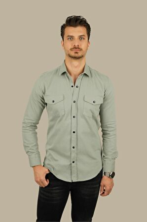 Açık Taş Rengi Slimfit Gerçek Kot Erkek Gömlek