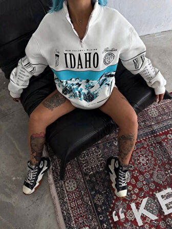 Kadın Yarım Fermuarlı Oversize Baskılı SweatShirt - Beyaz