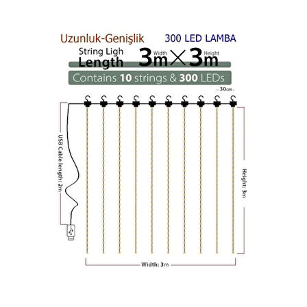 8 Fonksiyonlu Peri Perde Led Uzaktan Kumandalı Günışığı Perde Peri Led (3 mt x 3 mt)