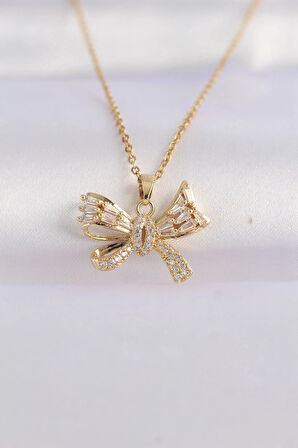 316L Çelik Zincir Altın Renk Zirkon Taşlı Fiyonk Kolye