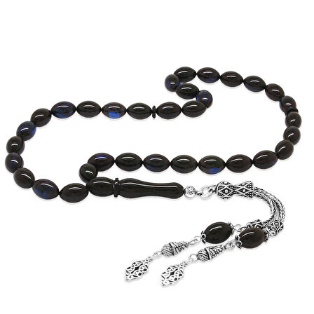 925 Ayar Gümüş Çift Püsküllü Arpa Kesim Mavi-Siyah Sıkma Kehribar Tesbih