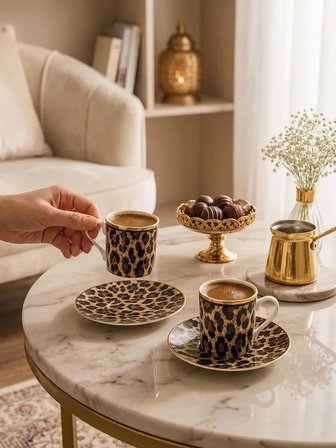 Leopar Desenli Türk Kahvesi Fincan Takımı 2 Kişilik, Altın Detaylı Kahve Fincanı Seti