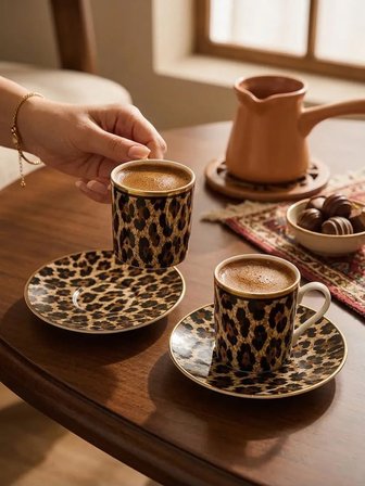 Leopar Desenli Türk Kahvesi Fincan Takımı 2 Kişilik, Altın Detaylı Kahve Fincanı Seti
