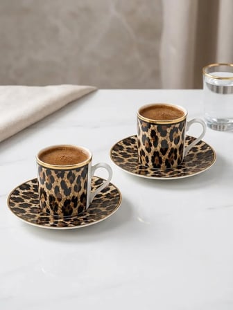 Leopar Desenli Türk Kahvesi Fincan Takımı 2 Kişilik, Altın Detaylı Kahve Fincanı Seti