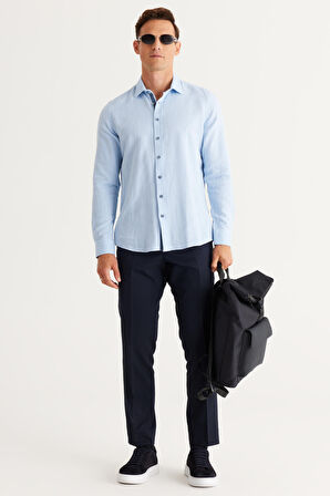 Erkek Mavi Slim Fit Dar Kesim Klasik Yaka %100 Pamuk Armürlü Gömlek