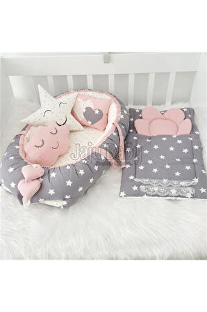 Nest Gri Yıldızlı Pudra Jaju-babynest Anne Yanı Bebek Yatağı Set
