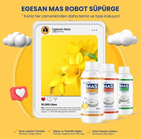 Mas akıllı robot süpürge deterjanı 3'lü set (beyaz sabun,çam kokulu,nergis kokulu) 500 ml