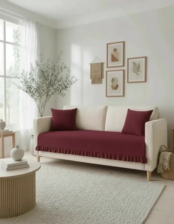 Fırfırlı Keten Koltuk Örtüsü [Kırlentli]-Bordo