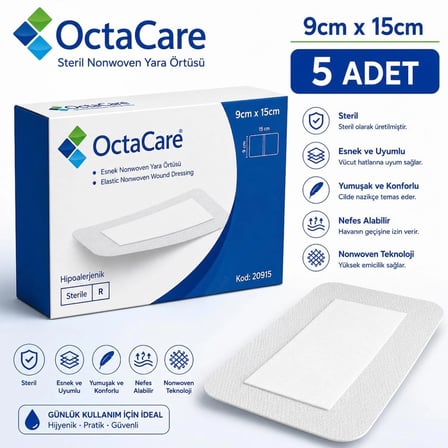 Octacare Esnek Steril Nonwoven Yara Örtüsü 9cm×15cm (5 Adet)