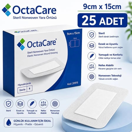 Octacare Esnek Steril Nonwoven Yara Örtüsü 9cm×15cm (25 Adet)