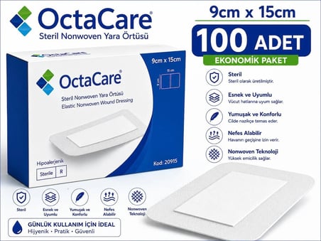 Octacare Esnek Steril Nonwoven Yara Örtüsü 9cm×15cm (100 Adet)