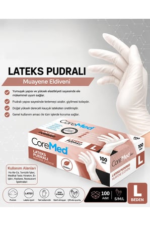 Coremed Lateks Pudralı Muayene Eldiveni L Beden, 2000 Adet Koli (20 paket)