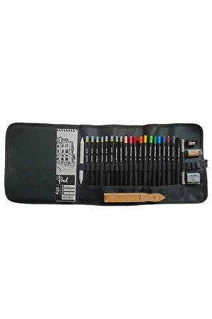Eskiz Defteri A5 120 gr 50 yp Black Edition Boya Kalemi 12 Renk Cepli Siyah Kalemlik 24 bölmeli Set