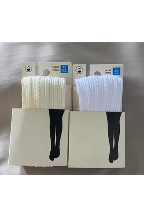 2'Li Kız Çocuk Desenli Külotlu Çorap Knit Ted Model 80 Den Mevsimlik Pantyhose ( VANİLYA & BEYAZ )